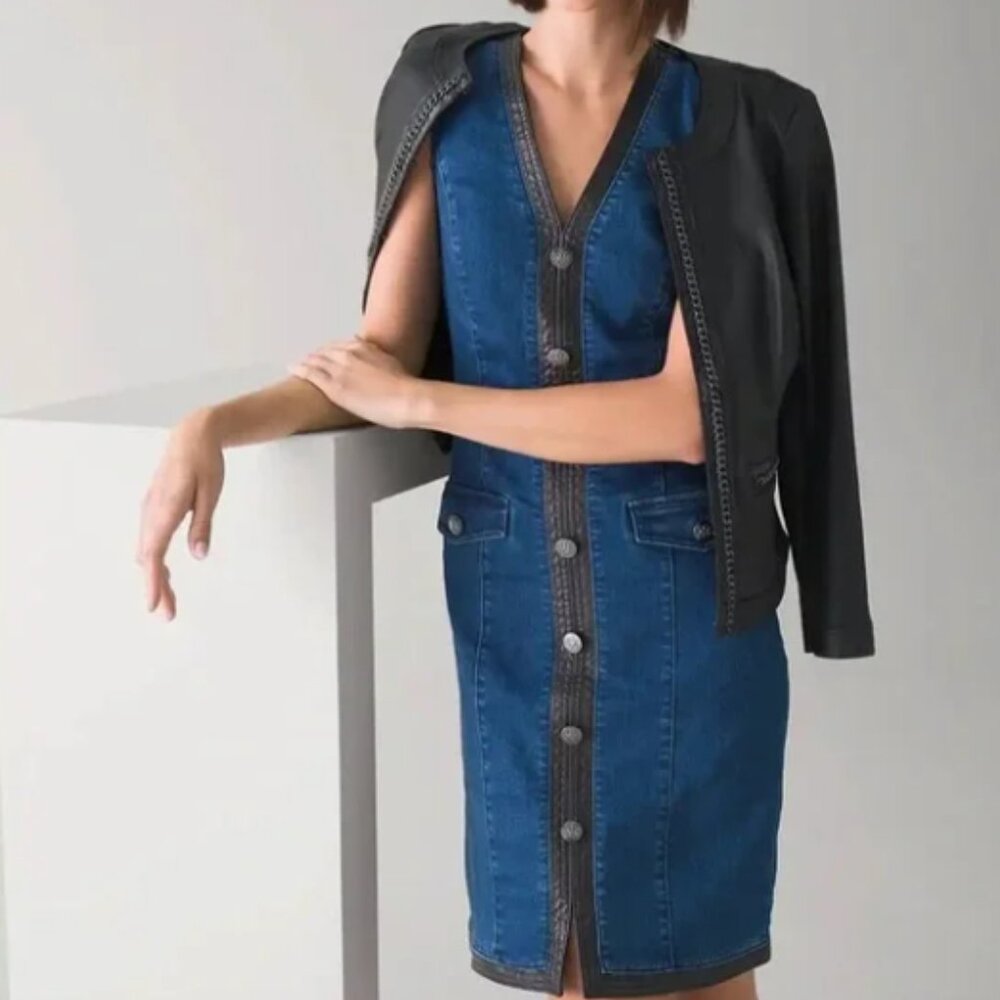 WHBM Sleeveless Denim Button Dress w/Faux Leather Trim Women's Size 10 NWT